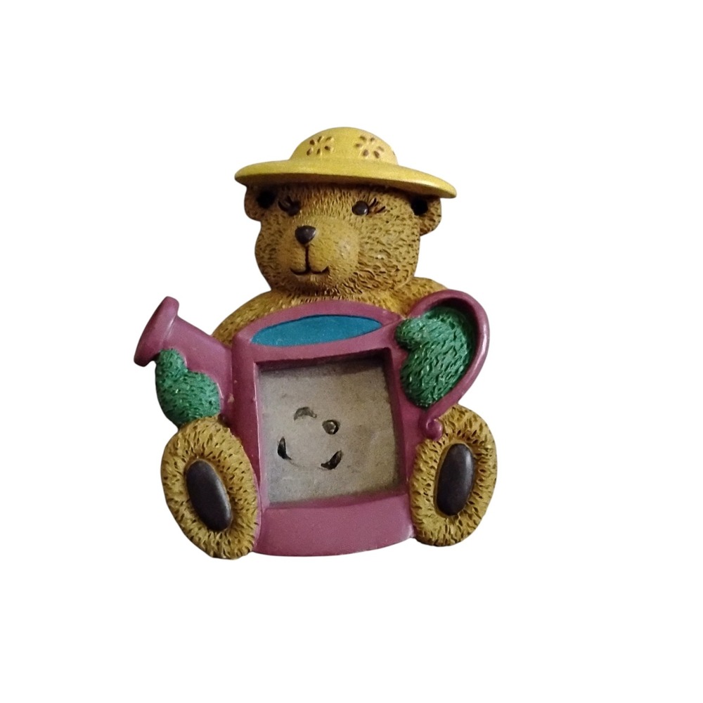 Vintage Teddy Bear Gardener Mini Photo Frame Refrigerator Magnet Resin Pink Hat